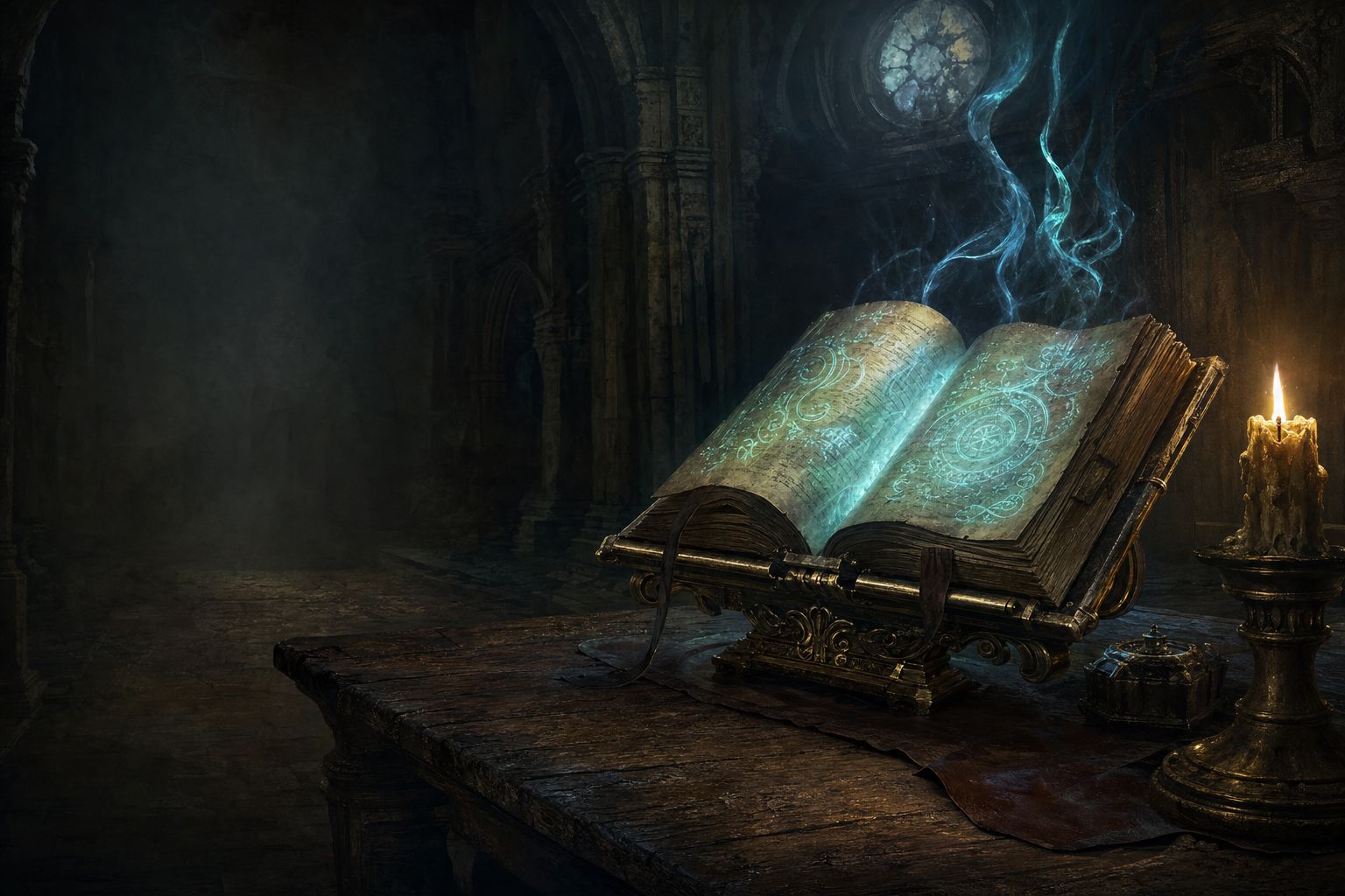 An open spellbook glowing with cyan runic script in a dark hall