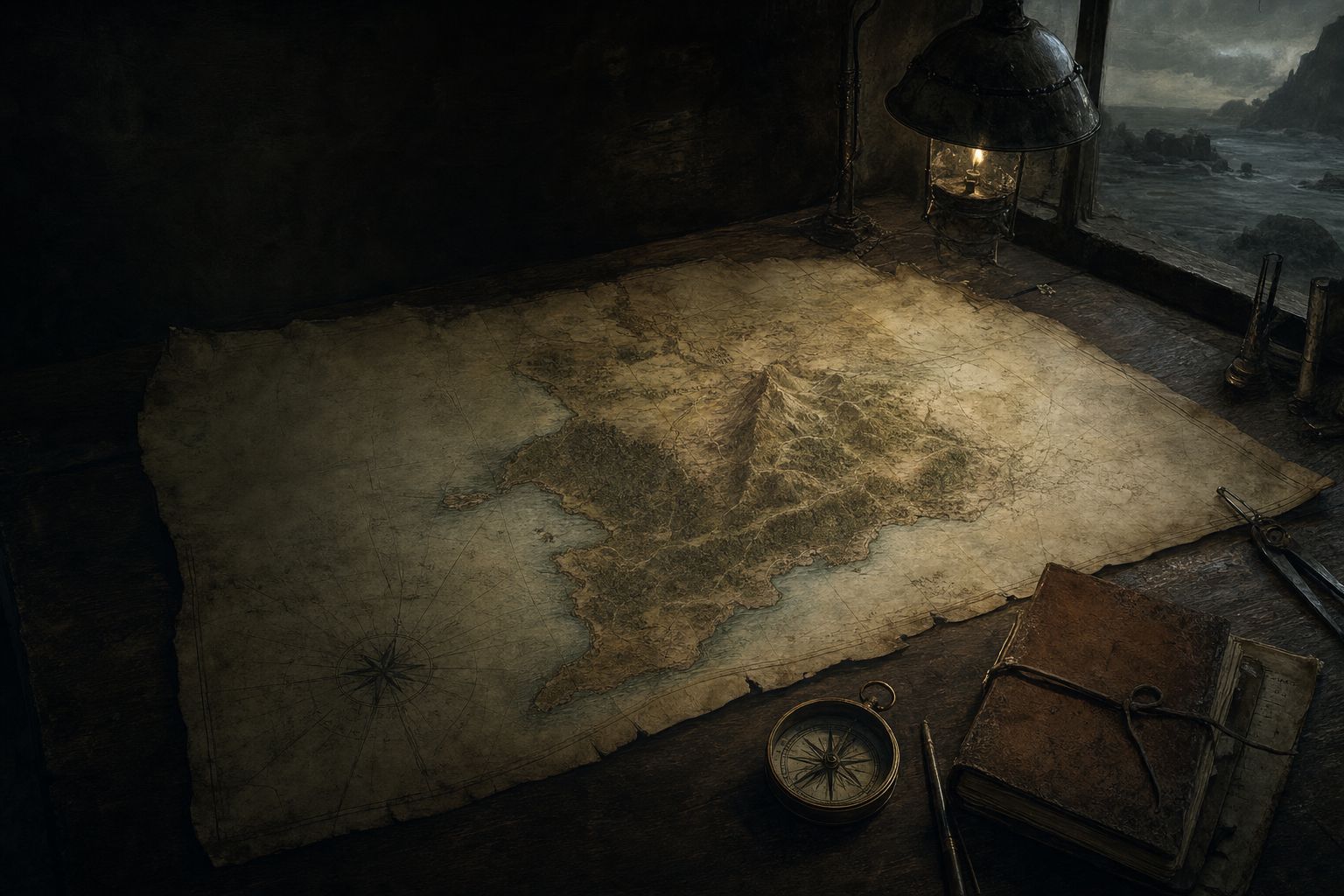A weathered military survey map of a coastal landmass under lamplight