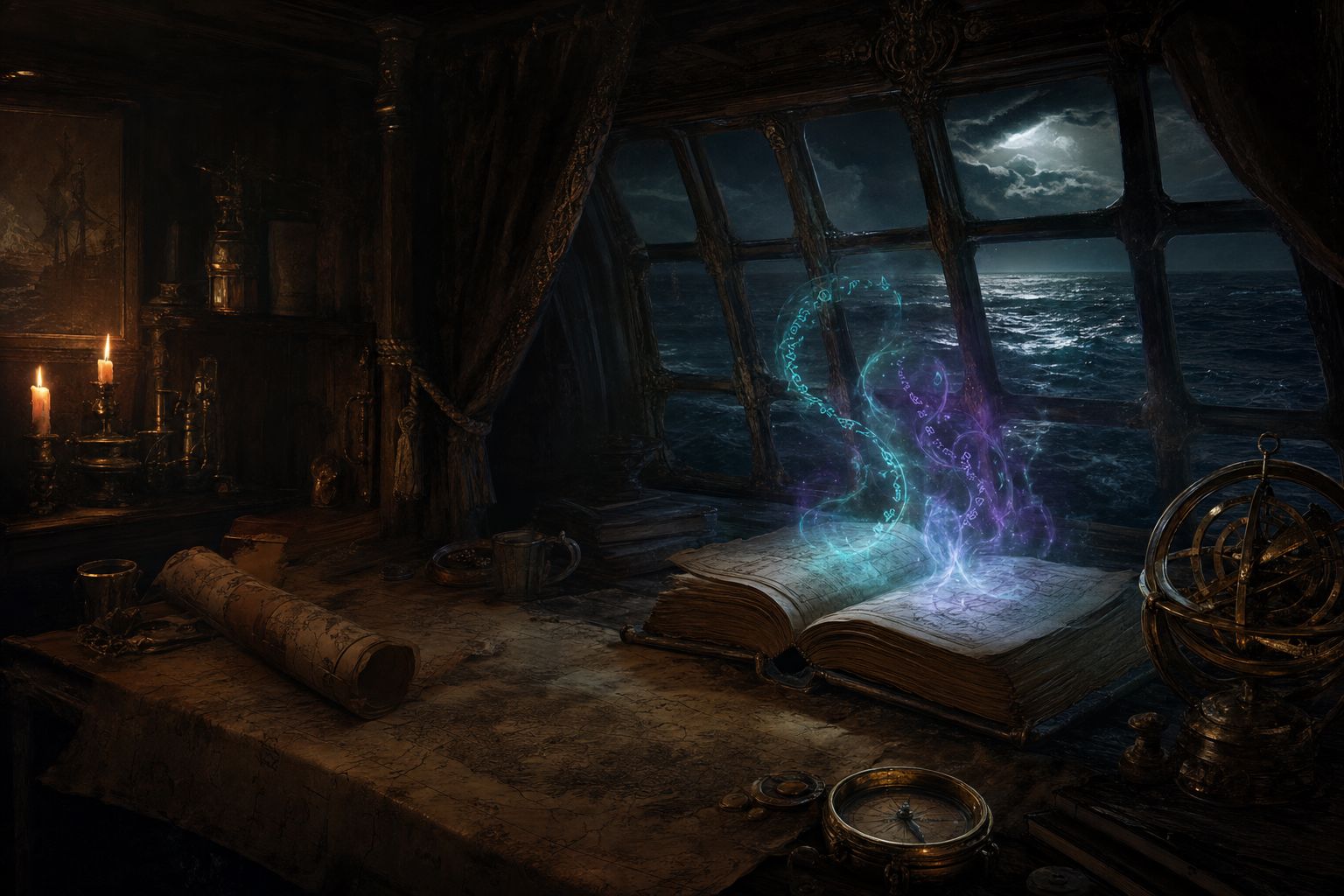 A ship captain's cabin with sea-charts, a brass compass and a glowing tome