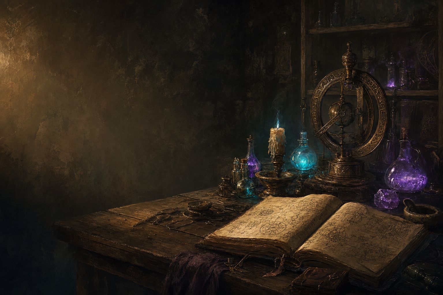 A rune-inscribed character sheet lit by candlelight
