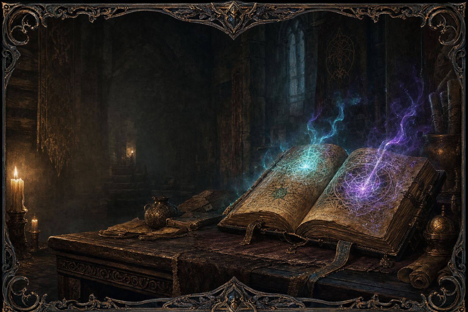 A glowing grimoire on a candlelit table, arcane runes rising from its pages