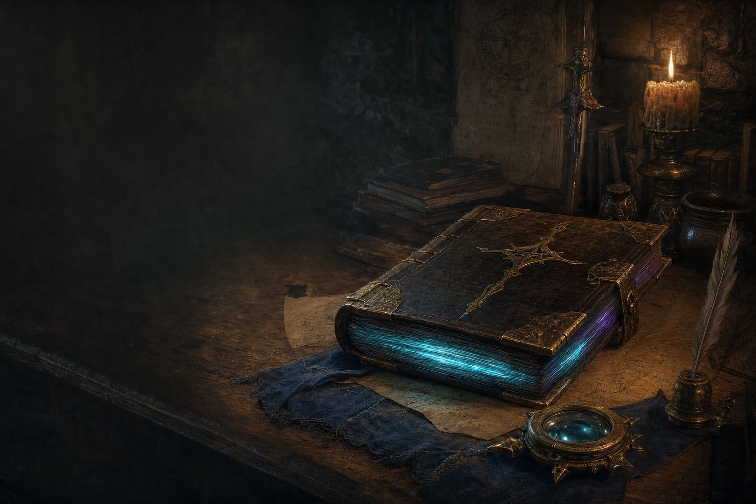 An open codex on a lectern in a quiet, lamplit study