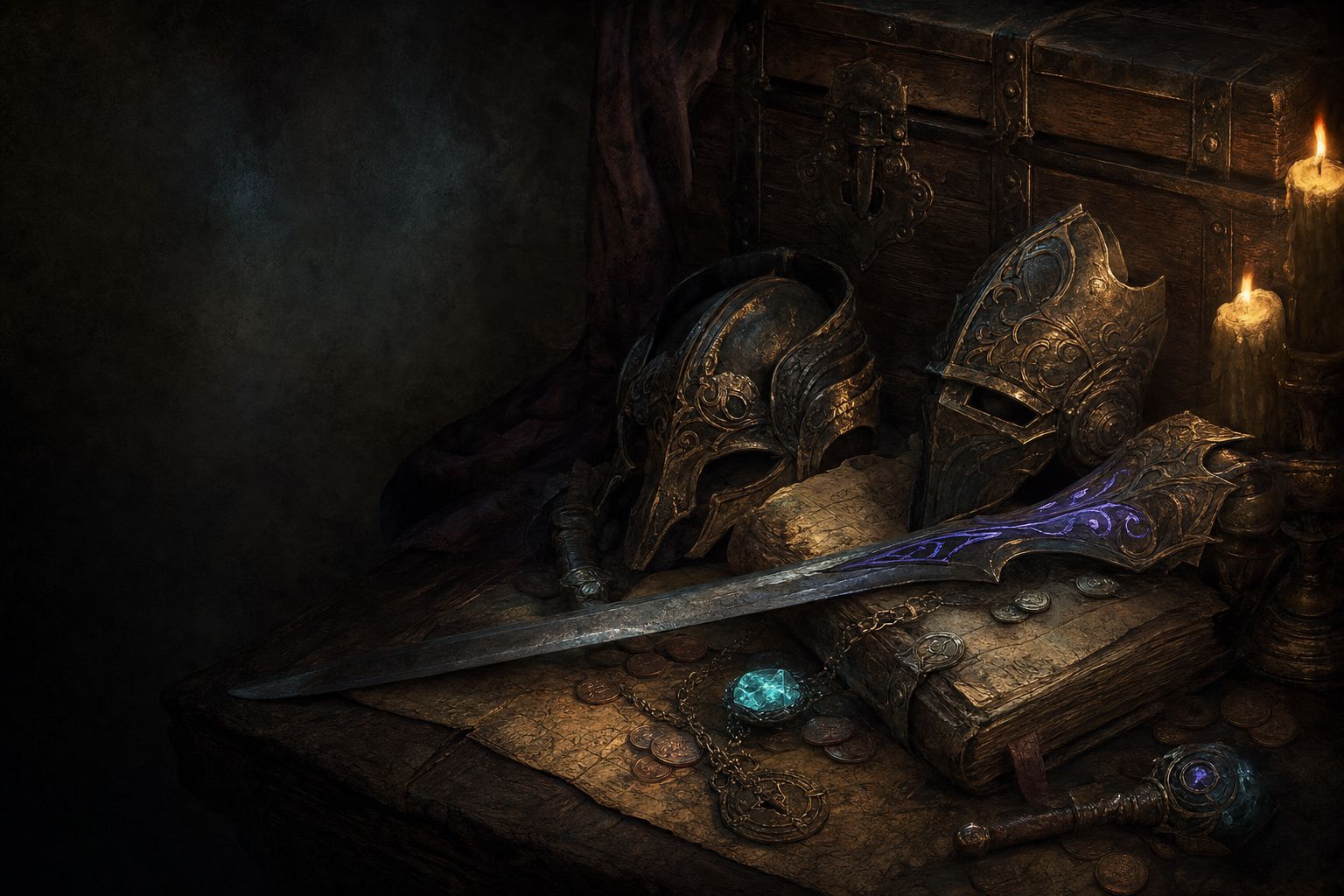 Enchanted weapons and coin spread across an aged treasure ledger